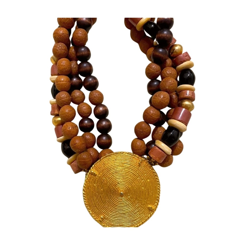 Vintage 1980s Chunky Wooden Beaded Statement Necklace - Boho Artisan Brown Gold